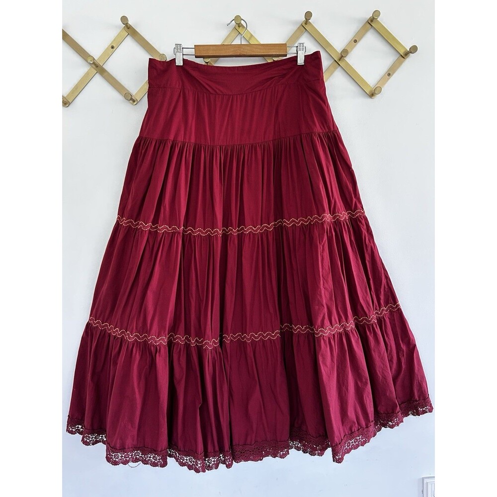 Anthropologie Tiered Lace Maxi Skirt Size XL Wine Burgundy Rodeo Boho Cowgirl - Picture 2 of 10